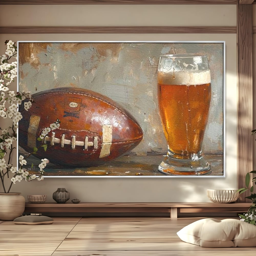 Tablou canvas cu pictura cu minge de fotbal si pahar de bere, in rama de aluminiu argintiu
